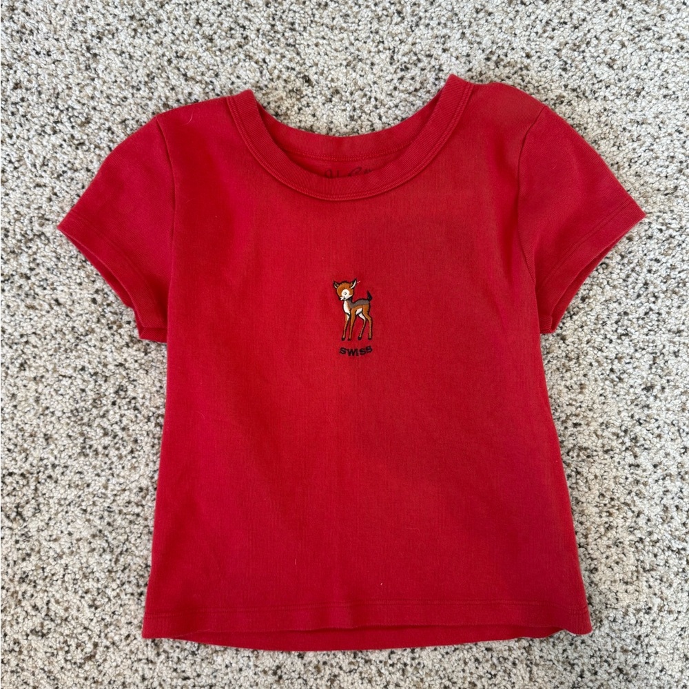 Brandy Melville Red Baby Tee with Deer Embroidery Swiss